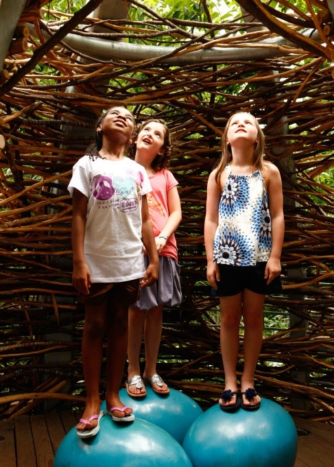 Three young girls stand on top of oversized blue robin eggs in a large nest. 